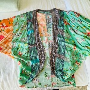 Anthropologie Green and Peach Patterned Blouse